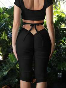 Women's Rib Knit Blouse, Adjustable Tie, Short Sleeve Square Neck And V-Neck Cropped Top For Yoga And Leisure - 黑色 - 查看 4