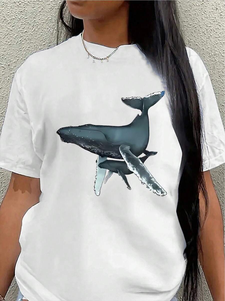 Short-Sleeved Polyester T-Shirt With Whale Print, Casual Wear, Lightweight And Durable Design, Suitable For Outdoor Activities And Everyday Wear, Comfortable For Adults At Home, In Parks Or At The Beach. Women's Blouses > Clothing - 白色 - 查看 1