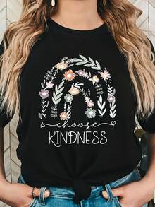 Limited Time Offer, Limited Quantities, Flash ! Women's Casual Shirts, Women's Polyester T-Shirts, Elegant Shirts. Fashionable Short-Sleeved Crew Neck T-Shirt With Floral Lettering And A Round Neck. - 黑色 - 查看 9