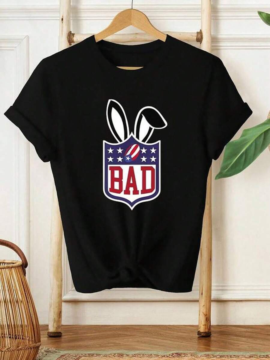 Camiseta de manga corta con cuello redondo y estampado para mujer Orejas de conejo Bandera Americana Malo S-3XL moda, cómodo y transpirable uni lavable a máquina