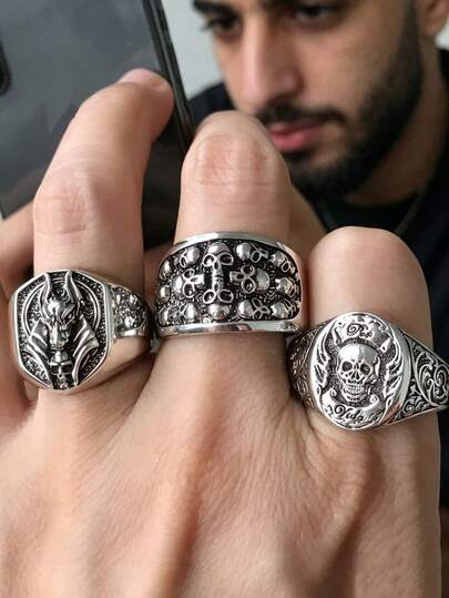 Set de 3 anillos de calavera vintage tallados de lujo estilo gótico, unisex, diseño en relieve hecho a mano, joyería de estilo punk retro, accesorio ideal para fiestas y regalo, joyería de declaración personal para hombres, adorno de calavera, regalo de vacaciones, artesanía exquisita