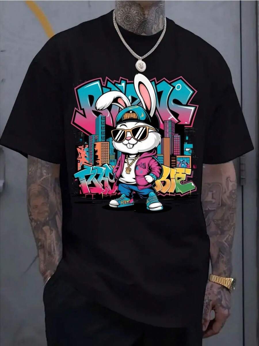Camiseta Deportiva Casual de Manga Corta para Hombre| Presenta un estampado 2D moderno, un tejido de punto elástico y cómodo, adecuado para deportes, viajes y uso diario - corte regular con cuello redondo y bajo acampanado. - Negro - Ver 1