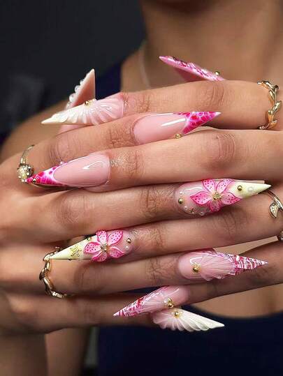 24pcs Tropical Floral Pointed False Nails, Vacation Style Sweet Girl Fake Nails, Suitable For Sweet Girls/Students Beach Vacation/Graduation Trip/Girlfriend Gathering Manicure Set