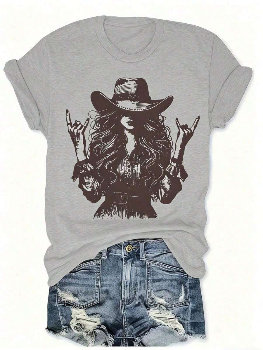 Women's Affordable Retro Cowboy Style T-Shirt, Rock, Western, With Cowgirl Silhouette Print, Casual Short Sleeve, Round Neck, Fitted For Summer - 淺灰色 - 查看 1