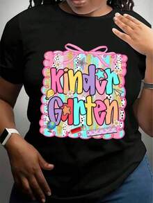 Women's T-Shirt, Gift For Kindergarten Teachers, Colorful And Fun Design With School Supplies And Stars, Funny Back To School T-Shirt For Teachers And Parents - 黑色 - 查看 7