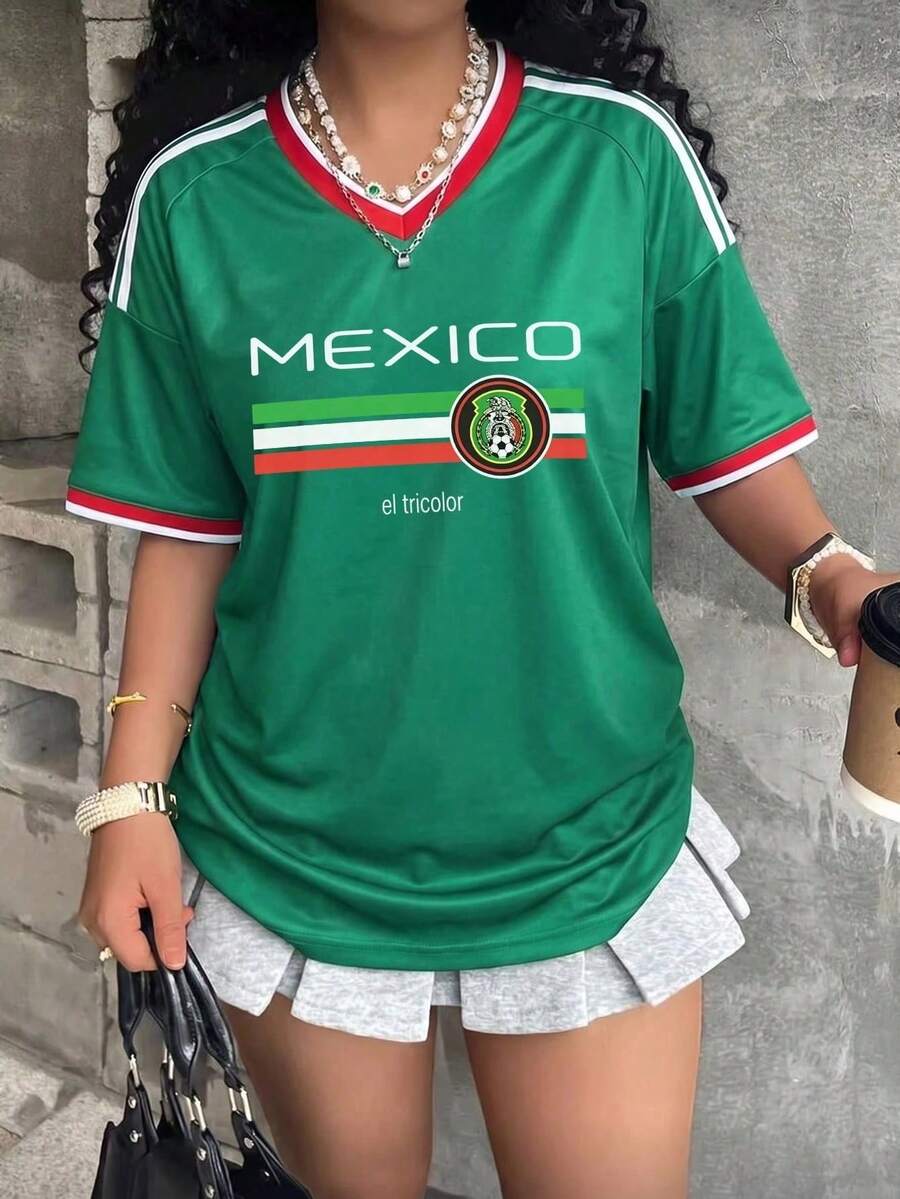 Women's Loose-Fitting T-Shirt, Printed With The Colors Of The Mexican National And Flag, Perfect For Supporting The National Team. Comfortably Soft For Everyday Wear. 100% Cotton, 220 Gsm. Fashionable Everyday Essentials And Holiday Gifts, Unisex. - 青碧色 - 查看 1