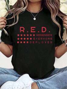 Heavyweight - "Red Friday: We Commemorate All Deployed Personnel" T-Shirt, Red Friday, RE Commemorative T-Shirt, Comfortable Women's Fashion Loose Fit Top For Everyday Wear, Suitable For Casual Activities, Breathable And Slightly Stretchy, Machine Washable Y2Y-Summer Clothes V6NWBestseller - 黑色 - 查看 1
