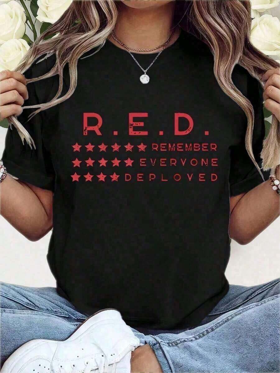 Heavyweight - "Red Friday: We Commemorate All Deployed Personnel" T-Shirt, Red Friday, RE Commemorative T-Shirt, Comfortable Women's Fashion Loose Fit Top For Everyday Wear, Suitable For Casual Activities, Breathable And Slightly Stretchy, Machine Washable Y2Y-Summer Clothes V6NWBestseller - 黑色 - 查看 1