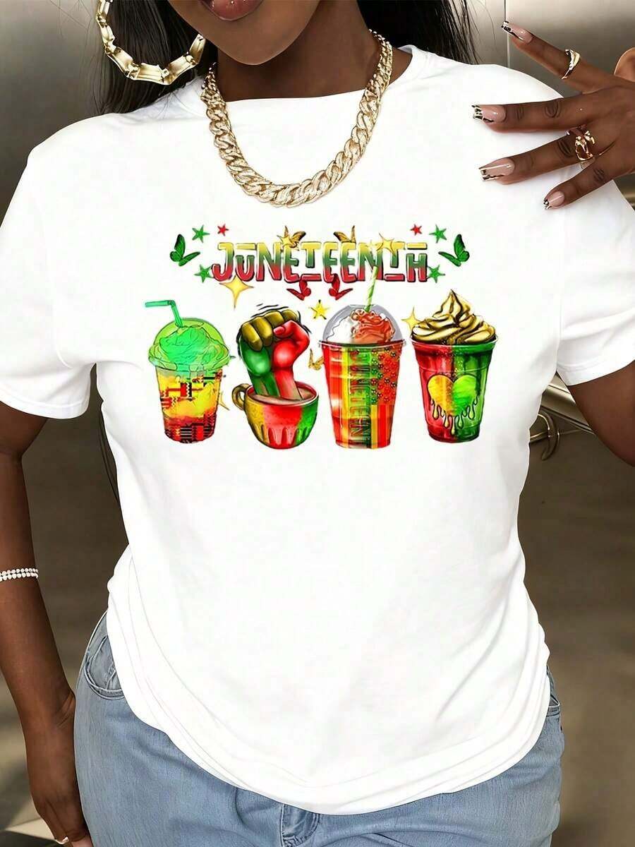 Camiseta de Celebración del Juneteenth con Diseño de Bebidas Coloridas y Puño Levantado, Camiseta de Algodón Negra para Mujeres y Hombres, Ropa para el Día de la Independencia, Camiseta Gráfica de Moda de Verano - Blanco - Ver 1