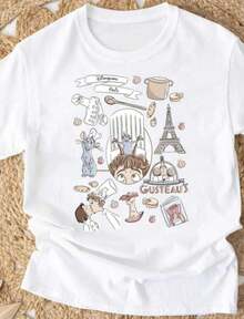 1 pieza Camiseta Ratatouille de Land Paris, Camiseta Ratatouille, Camiseta Land Paris, Camiseta de la familia Land, Camiseta con estampado gráfico de Ratatouille, temática animada para fans, cuello redondo, sudadera, tops, ropa de talla grande, diseño inspirado en París, detalles de diseño, manga corta, estilo Y2K, estilo de prenda relajado, adecuada para todas las estaciones, lavable a máquina, para uso casual y de negocios, para salidas diarias, camiseta de algodón cómoda, 180g, 100% algodón. - Blanco - Ver 7