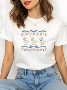 New Fashionable Women's T-Shirt With Round Neck And Duck Print, Casual Women's T-Shirt, Cute Cotton T-Shirt With Goose Print, 1 Piece, Lovely Graphic Print T-Shirt, Versatile Design Ready For Summer. - 黑色 - 查看 2