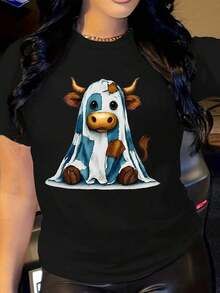 Plus Size, [Denim PrintImitation Denim] Women's Plus Size Cow Print V-Neck T-Shirt - Denim Patchwork Short Sleeve Top With Cow & Farm Animal Design, Casual Spring Summer Blouse, Machine Washable Comfortable Casual Attire For Themed Events & Everyday Outfits, Festive Christmas New Year Halloween Pumpkin Prints, Imitation Denim Patchwork Pattern, Relaxed Fit For Layering, Geometric Print, V-Neck Style, Women's Fashion Top, Plus Size Women Tops, Casual Blouses For Women - 黑色 - 查看 6