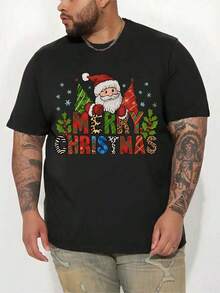 Camiseta navideña para hombres con diseño de Papá Noel en talla grande - Camisa de manga corta blanca con estampado de copos de nieve y regalos, cuello redondo casual para Navidad, reuniones y eventos de oficina - Lavable a máquina - Talla grande - Negro - Ver 2