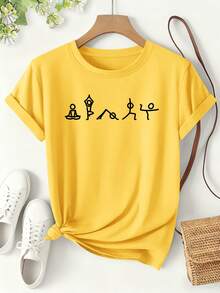 Women's Yoga Figure Icon Print T-Shirt, 2026 Spring/Summer Fun Style Short Sleeve, Lightweight Sporty Daily Wear Loose Fit Top, Cute And Fun Sports Themed Fashionable Versatile Design, Women's Clothing Sizes S-XXL - 黃色 - 查看 6