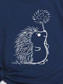 Plus Size Short Sleeve T-Shirt With Round Neck And Hedgehog Print, Suitable For Casual Summer Graphic T-Shirts For Women. - Navy Blue - View 3