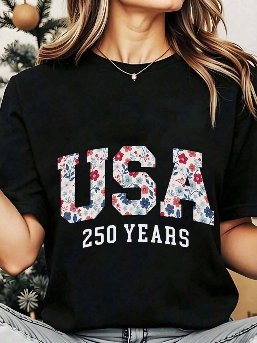 Women's Round Neck T-Shirt, Floral Print, 250th Anniversary Independence Day Celebration, Patriotic Holiday, 250g, Loose Fit T-Shirt For Women - 黑色 - 查看 1