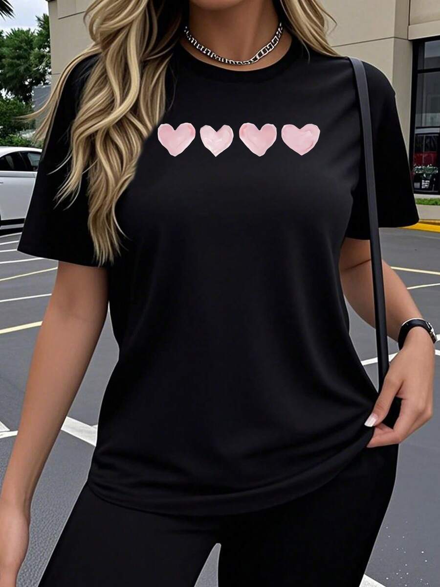 Women's Casual Sports T-Shirt With Fun Pink Hearts - Black Elastic Round Neck T-Shirt, Machine Washable, Comfortable Fit For All Seasons, To Match With Leggings. - 黑色 - 查看 1