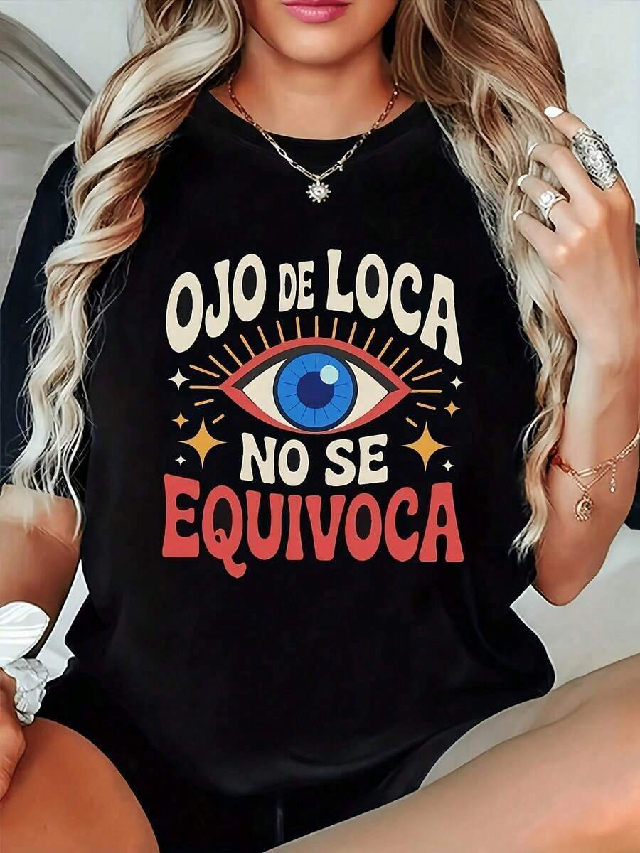 1 Women's T-Shirt, T-Shirt With Fun And Unique Eye Print "Crazy Eye Doesn't Make Mistakes", Black Short Sleeve T-Shirt With Round Neck, Casual Style, Comfortable Fit, Summer Clothes, Modern Design, Versatile For Everyday Wear, Soft Fabric, 180g 100% Cotton. - 黑色 - 查看 1
