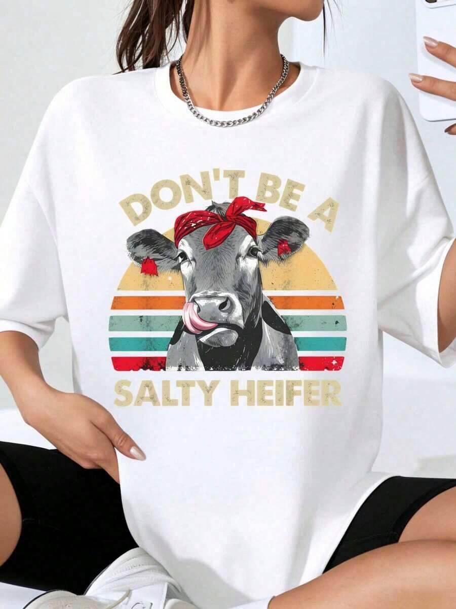 Suave Don't Be A Salty Heifer Cow Graphic Tee, Retro Vintage Design, Unisex Plus Size T-Shirt, Funny Animal Print Tee For Women And Men, Summer Casual Wear, Gift Idea, Casual Blouse For Women, Blouses For Women, Cotton T-Shirts For Women - 白色 - 查看 1