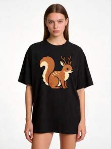 Women's Basic Crew Neck T-Shirt With An Adorable Animal Design, Sizes S-2XL, 100% Solid Color, Black And White Squirrel Pattern With Antlers. Ideal For Family And Couple Outfits, Perfect For Spring And Summer Wear. A Perfect Gift For Mothers, Relatives, And Close Friends On Mother's Day. . - 黑色 - 查看 1