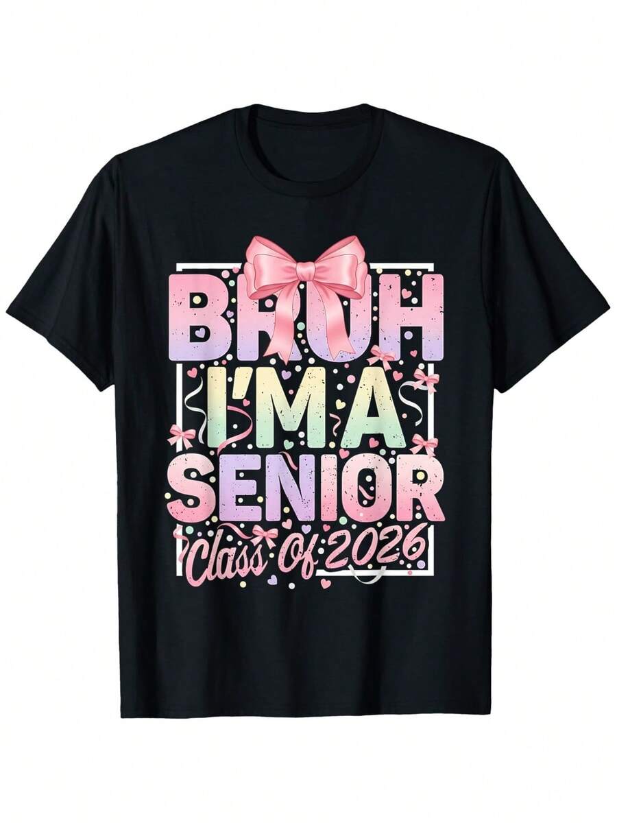 Camiseta Deportiva Casual para Mujer en Negro con Texto en Gradiente Pastel y Gráfico de Lazo - Camiseta Elástica de Cuello Redondo, Lavable aáquina, Ajuste Cómodo y Perfecta para Todas las Estaciones, para un Look Casual y Moderno. - Negro - Ver 1