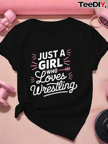 Women's Plus Size Wrestling Print T-Shirt - For Wrestling Fans - Pink Details - Durable Wrestling Apparel - Casual T-Shirt For Female Wrestlers And Fans - Comfortable Fit T-Shirt For All Seasons - 黑色 - 查看 1