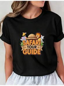 Camiseta Deportiva Casual para Mujer - Camiseta Negra Elástica de Cuello Redondo con Colorido Gráfico de Guía de. Lavable aáquina, para Todas las Estaciones, Combinada Perfectamente con Pantalones deándal Grises para un Look Casual y Aventurero. - Negro - Ver 1