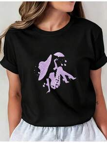 Camiseta Deportiva Casual para Mujer de Cuello Redondo con Diseño Abstracto de Manchas Moradas - Camiseta Negra Elástica, Lavable aáquina, Ajuste Cómodo para Todas las Estaciones, Ropa Casual Femenina. - Negro - Ver 1
