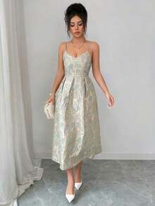 Elegant Women's Dress With Spaghetti Straps And Jacquard Print, Suitable For Wedding Guests, Galas And Parties; Elegant Women's Party Dress With V-Neck And Pleats - 白色 - 查看 6