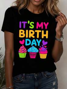 Plus Size Women's "It's My Birthday" Cupcake Print T-Shirt, Breathable, Crew Neck, Short Sleeve, Regular Fit, Machine Washable, Fan Gifts, Religious T-Shirts, Ideal Gift Options, Women's Blouses. - 黑色 - 查看 7