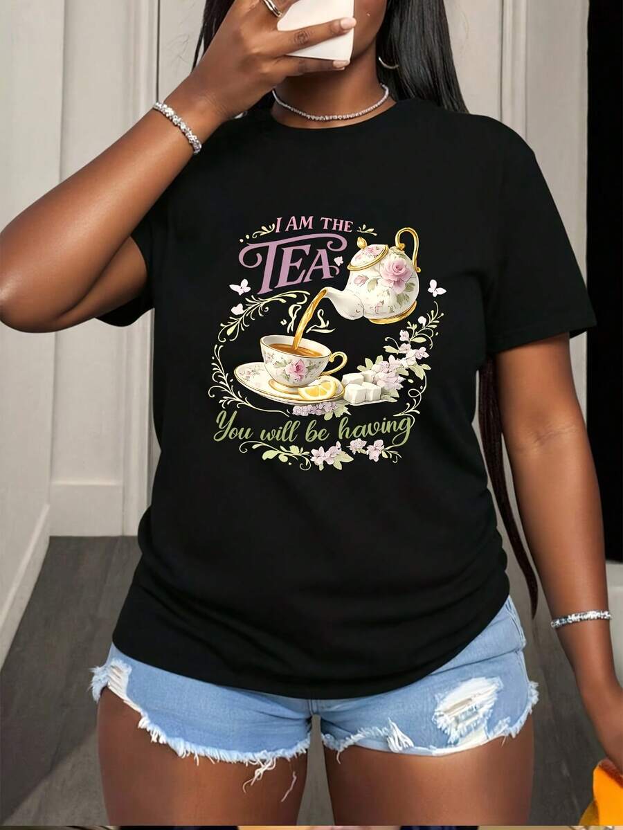 Women's T-Shirt, Fitted T-Shirt For Women, T-Shirt With "I Am The Tea You Want To Drink" Print, Casual Short-Sleeved Round Neck Top, Suitable For Spring And Summer Wear, Clothing. - 黑色 - 查看 1