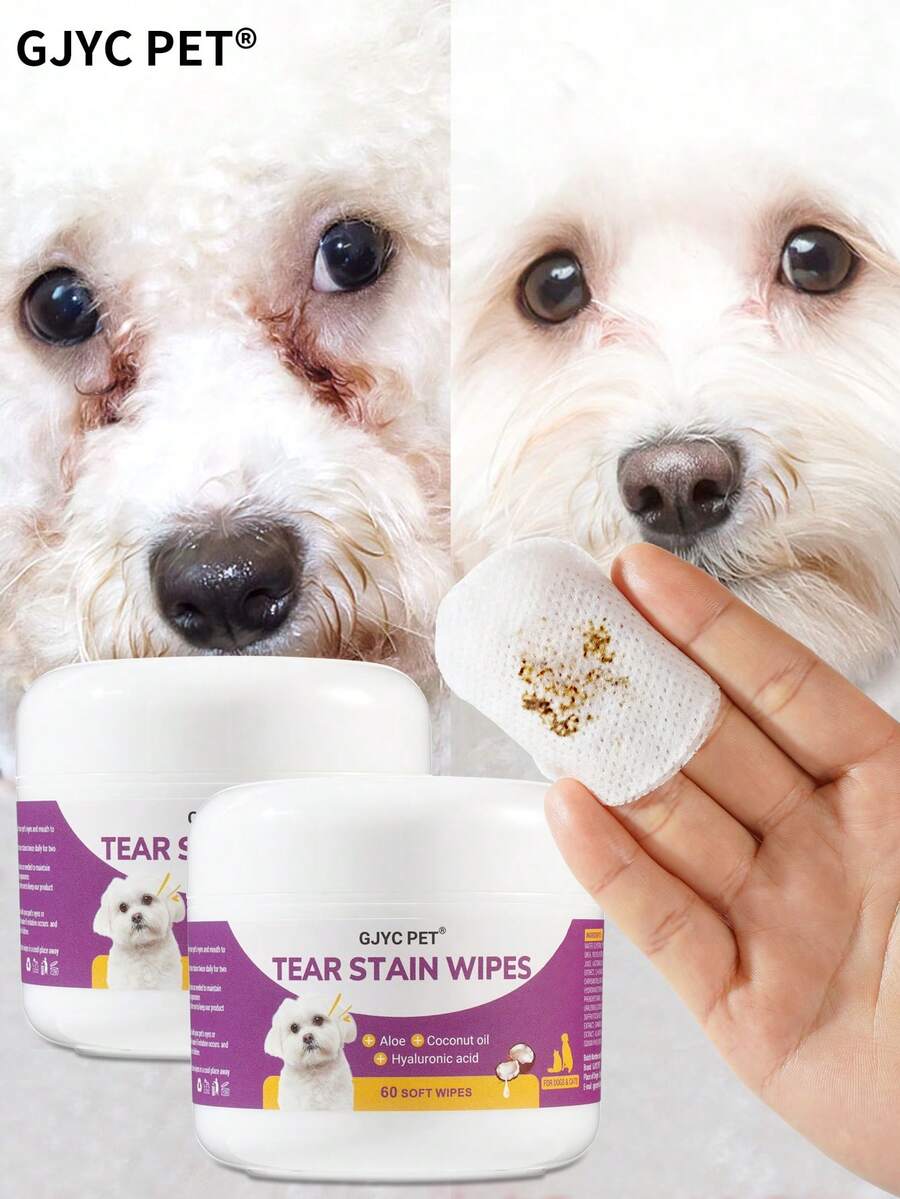GJYC PET Khăn lau mắt cho chó và mèo – Nhẹ nhàng loại bỏ vết ố nước mắt, bụi bẩn và dịch tiết – Dung dịch vệ sinh mắt không gây dị ứng cho mắt, mặt và nếp nhăn – 60 miếng
