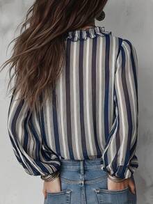 Women's V-Neck Bohemian Striped Chiffon Blouse With Ruffle Trim, Long Sleeve, Sheer, Summer - Navy Blue - View 2