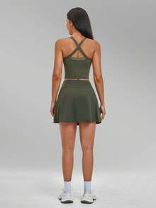 Ensemble yoga nude pour femmes MFVIM, tenue de tennis à dos croisé séchage rapide, leggings décontractés polyvalents en tissu doux et agréable pour la peau, pantalon de yoga, convient pour le trajet, l'extérieur, la course, le cyclisme, le yoga, le pilates, l'entraînement en salle de gym - Vert sapin - Voir 10