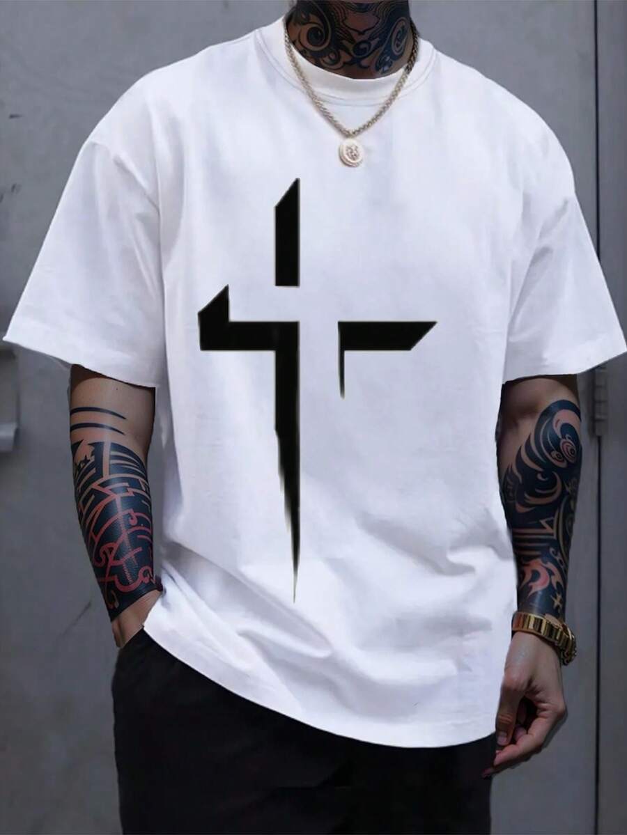 Men's Pure Cotton T-Shirt, Suitable For All Seasons, With A Round Neck And Stylish Crossover Print – Casual Short Sleeves, Regular Fit, Soft And Breathable Fabric, Suitable For Everyday And Weekend Wear. - 白色 - 查看 1