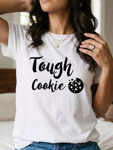 Camiseta Divertida e Informal de Verano para Mujer - Camiseta con Gráfico "Tough Cookie" de 180G, Perfecta para Regalos y Fiestas, Camiseta de Manga Corta Informal de Verano para Mujer - Alta Calidad - Blanco - Ver 1