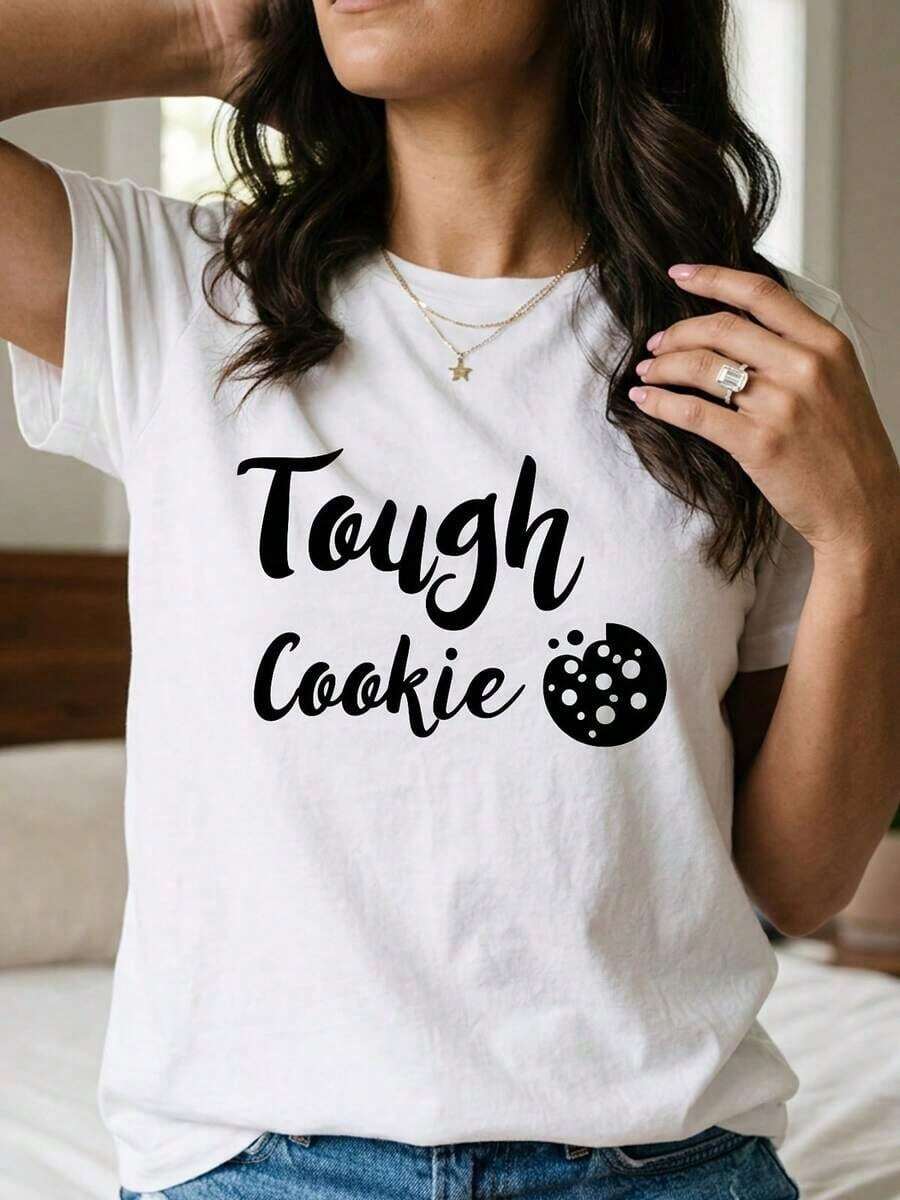 Camiseta Divertida e Informal de Verano para Mujer - Camiseta con Gráfico "Tough Cookie" de 180G, Perfecta para Regalos y Fiestas, Camiseta de Manga Corta Informal de Verano para Mujer - Alta Calidad - Blanco - Ver 1
