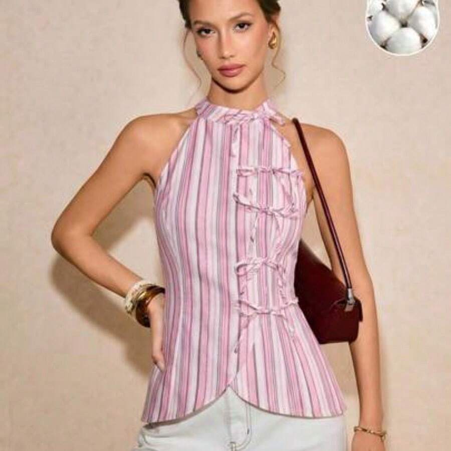 Blusa de verano con estampado de rayas, lazo decorativo y ajuste ceñido para uso casual, de viaje y diario - Rosa - Ver 1
