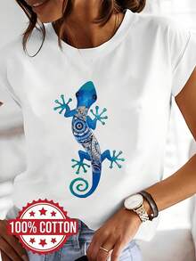 Women's T-Shirt - Women's Blue Gecko Graphic T-Shirt - 100% Cotton, Short Sleeve, Crew Neck, Casual Summer Style With Geometric Reptile Print, Machine Washable Blouse For Everyday Wear In Spring And Summer, Women's Going Out T-Shirts - 白色 - 查看 1