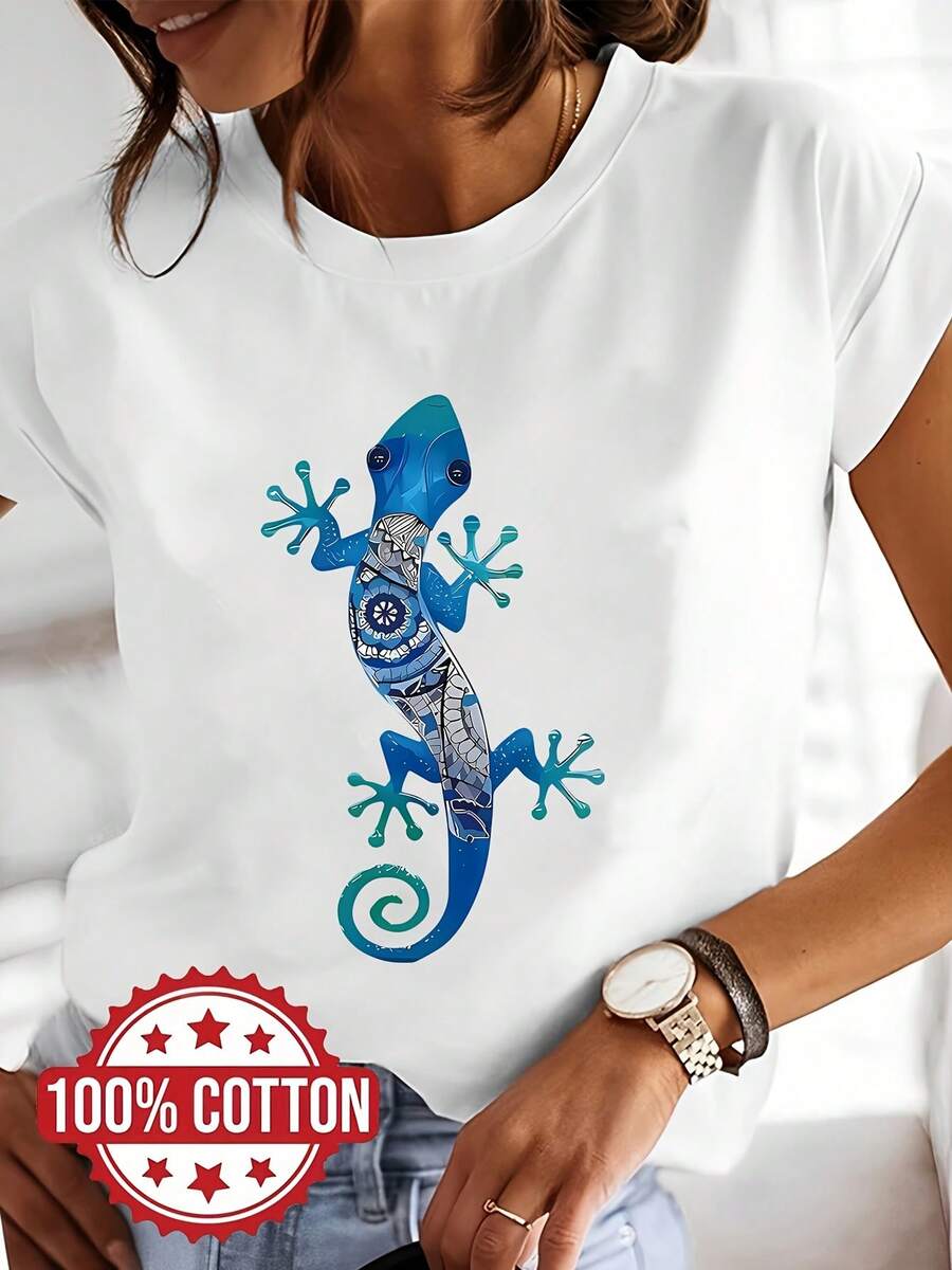 Women's T-Shirt - Women's Blue Gecko Graphic T-Shirt - 100% Cotton, Short Sleeve, Crew Neck, Casual Summer Style With Geometric Reptile Print, Machine Washable Blouse For Everyday Wear In Spring And Summer, Women's Going Out T-Shirts - 白色 - 查看 1