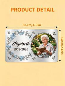1pc Custom Photo Memorial Aluminum Wallet Insert Card, Personalized Text Memorial Card, Customizable Name & Date Sympathy Keepsake Card, Forget-Me-Not Floral & Butterfly Design With Round Photo Frame, Brushed Aluminum Material - Silver - View 3