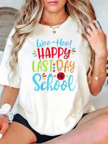 Camiseta de Estilo Casual para Mujer con Estampado de "Feliz Último Día de Clases", Ropa de Verano para Maestros y Estudiantes, Regalo - Blanco - Ver 6