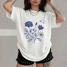 1 pieza - Camiseta de algodón blanca con estampado floral, cuello redondo, manga corta, ropa casual de verano, 180g, 100% algodón. - Negro - Ver 8