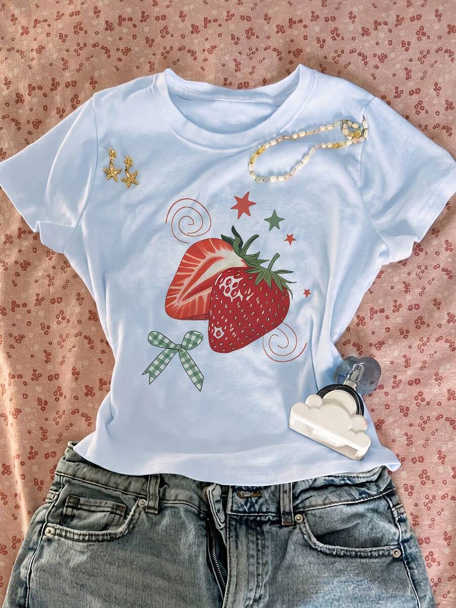 Women's Strawberry Bow Print Short Sleeve Light Blue Top Set, Cute & Fitted Baby Tee, Round Neck Casual Blouse For Daily Wear Summer, Aesthetic - Baby Blue - View 1