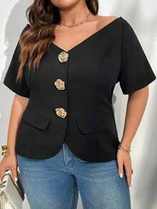 delgada de estilo elegante con botones metálicos, hombros descubiertos y ajuste ceñido, ideal para uso diario, oficina, graduación, regreso a clases y atuendos de maestras en primavera/verano y otoño/invierno para mujeres de talla grande - Negro - Ver 5
