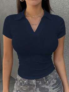 Camiseta casual de manga corta de ajuste ceñido, cuello de polo, lisa para mujer - Azul marino - Ver 1
