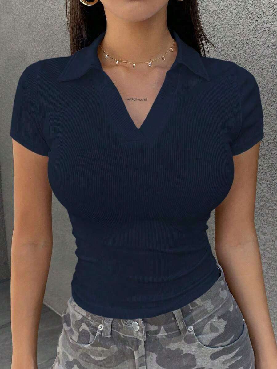 Camiseta casual de manga corta de ajuste ceñido, cuello de polo, lisa para mujer - Azul marino - Ver 1