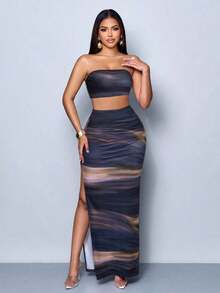 Vestido maxi elegante de fiesta con estampado de rayas abstractas y colores vibrantes, diseño ceñido y sexy, perfecto para salir, fiestas y vacaciones - Multicolor 6 - Ver 5