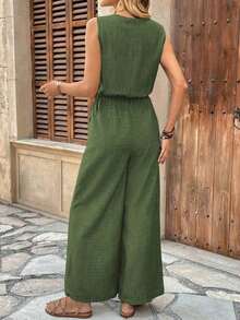 Mono de mujer sin mangas, con cuello en V, de tela texturizada, tipo body con bolsillos, estilo vacacional - Verde militar - Ver 2