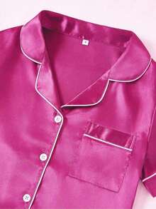 Conjunto de pijama de 3 piezas para mujer con cuello de seda falsa de unicolor y ribete contrastante - Rosa Fucsia - Ver 4